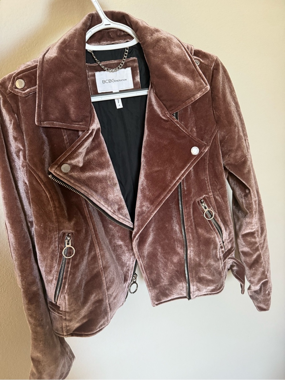 BCBGeneration Velvet Moto Jacket in Mauve Brown